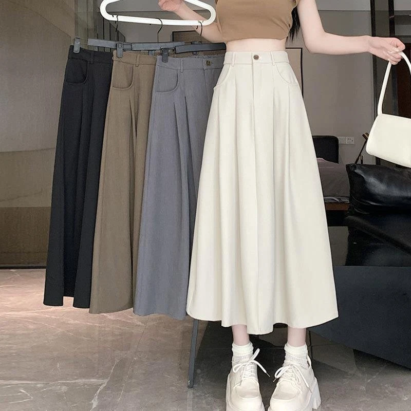 米白色西装面料半身裙女春夏垂感休闲a字裙高腰显瘦中长裙子