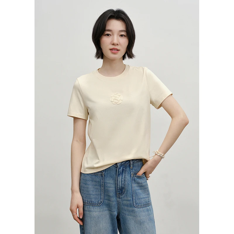 素典【山茶花T】立体山茶花刺绣短袖T恤夏季休闲感半袖上衣3897