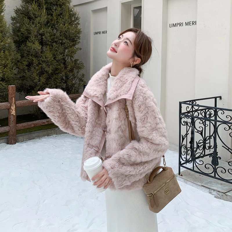 氛围感PU皮拼接皮毛一体外套2025冬季新款韩系INS风时尚百搭棉衣