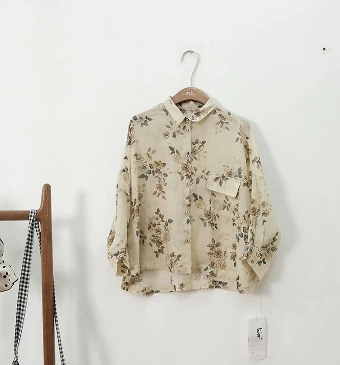 春款上新衬衫女装上衣短款时尚中袖百搭翻领韩版宽松秋季显瘦苎麻