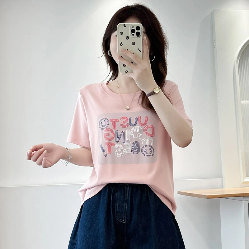大码女装韩版圆领短袖休闲短款T恤大版胖MM百搭洋气显瘦半袖上衣