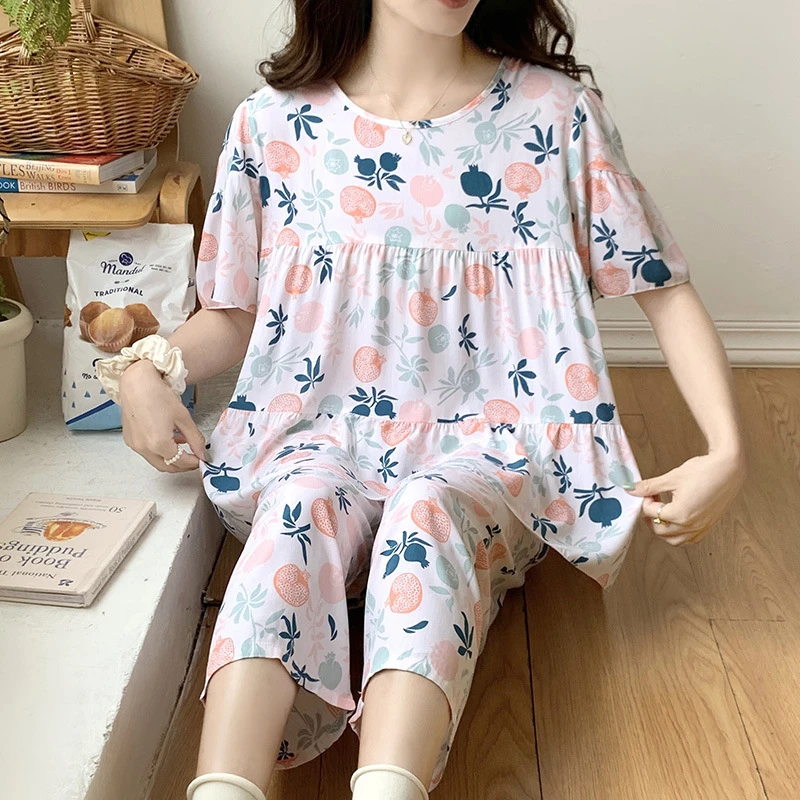 贴身温馨时尚宽松卫生胸垫睡衣夏凉薄款短袖棉绸女夏夏天家居服穿