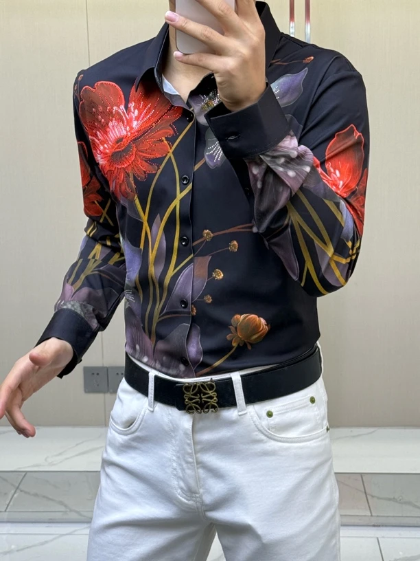 时尚满印长袖衬衫男士抗皱无痕休闲商务上衣衬衣轻奢春季潮流修身