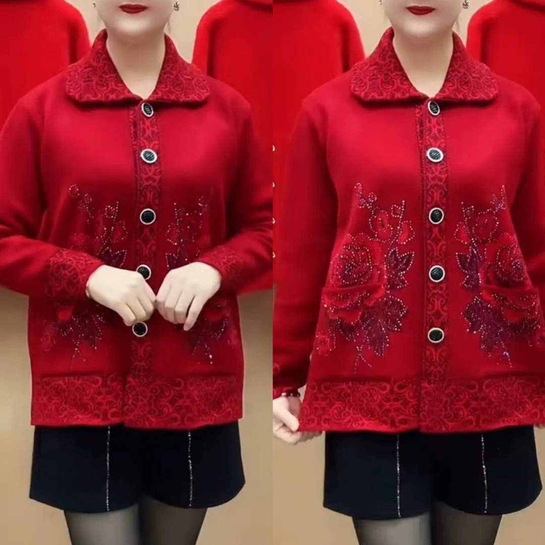 中老年妈妈秋冬加肥加大码针织开衫时尚洋气休闲外套