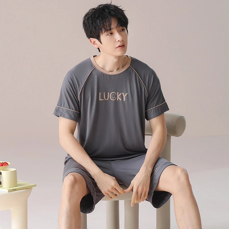 法式夏季莫代尔男士睡衣短袖短裤凉感薄款透气睡衣套装宽松家居服