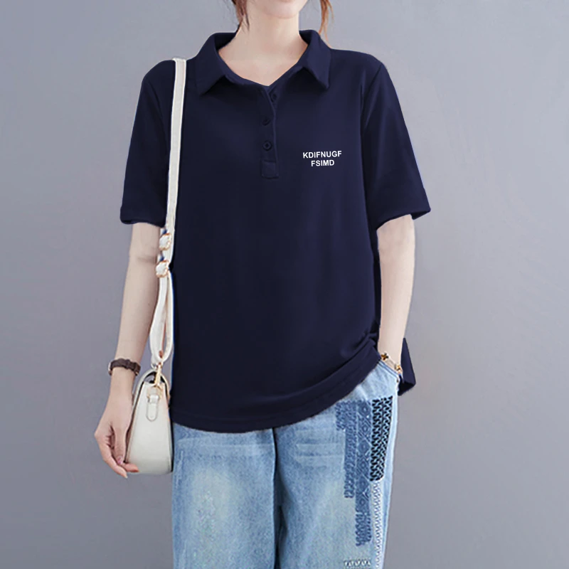 美式潮流大码翻领短袖t恤棉质女士洋气藏青色内搭显瘦休闲POLO衫