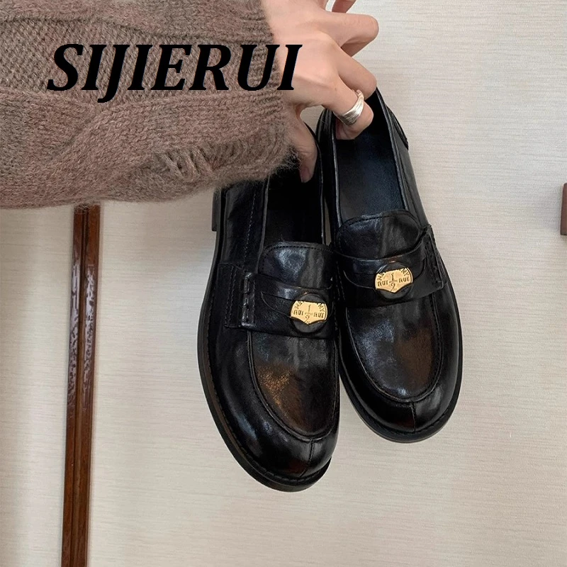 SIJIERUI厚底乐福鞋女新款英伦风金币小皮鞋复古褶皱真皮黑色单鞋