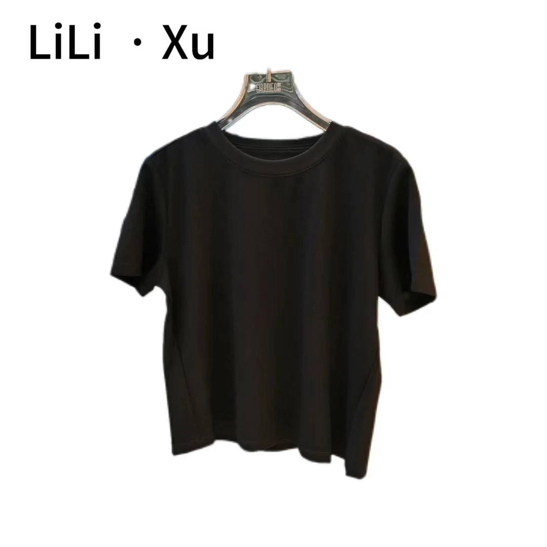 LiLi · Xu极简风3D圆领宽松型短款短袖T恤v领垫肩夏季纯色修身