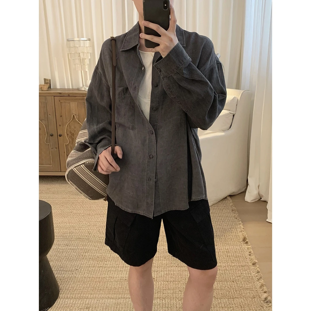 阿茶与阿古灰色做旧亚麻衬衫男夏季宽松休闲防晒长袖衬衣A2506121