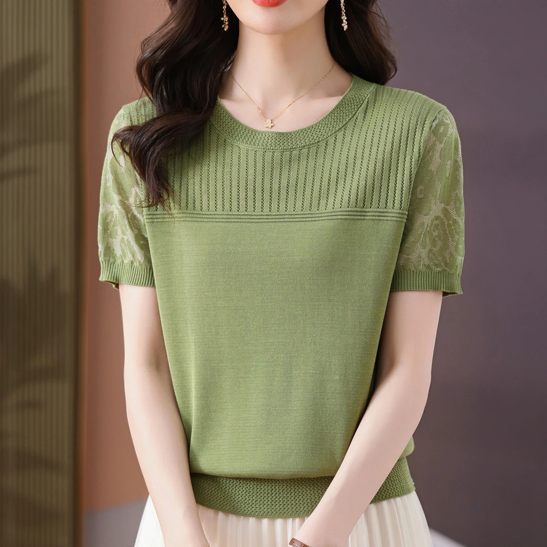 【天丝】夏季新款女士圆领套头镂空薄款凉快宽松显瘦透气短袖上衣