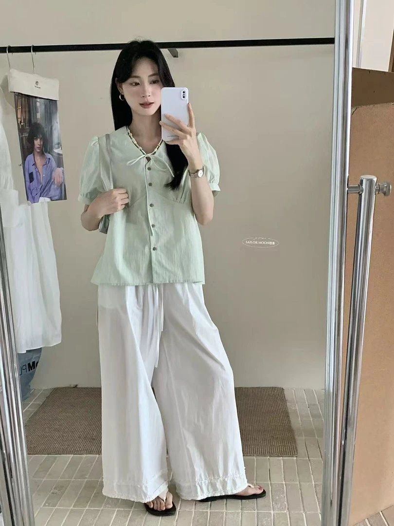 想象@8398 韩系温柔氛围感V领系带上衣 6-5