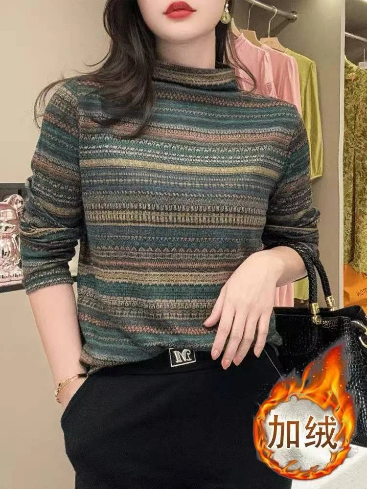 （现）s17条纹打底衫秋冬保暖遮肉套头上衣