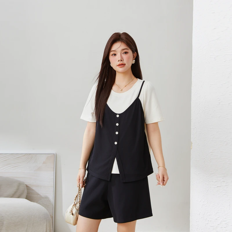 采多宝慵懒风圆领宽松假两件显瘦上衣女装EXZ5175