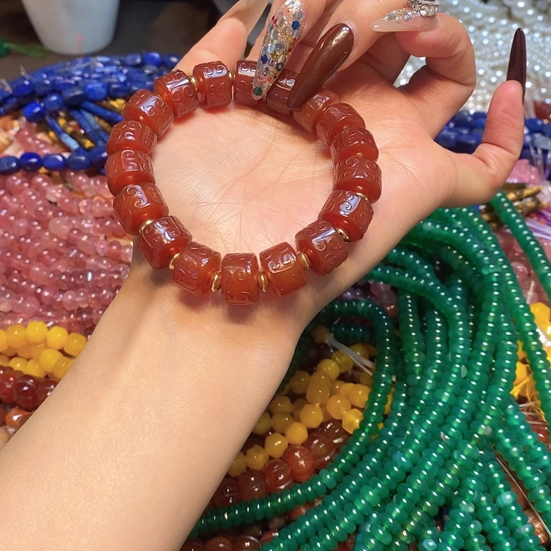 玛瑙/玉髓未镶嵌珠宝半成品天然橘皮红玛瑙祥云回纹14mm一串