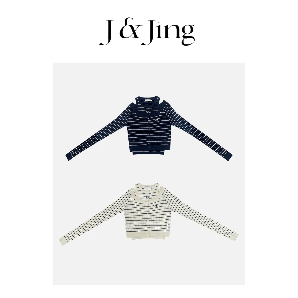 J&Jing-「欲感速成」-韩系条纹背心外套叠穿针织上衣套装Y202