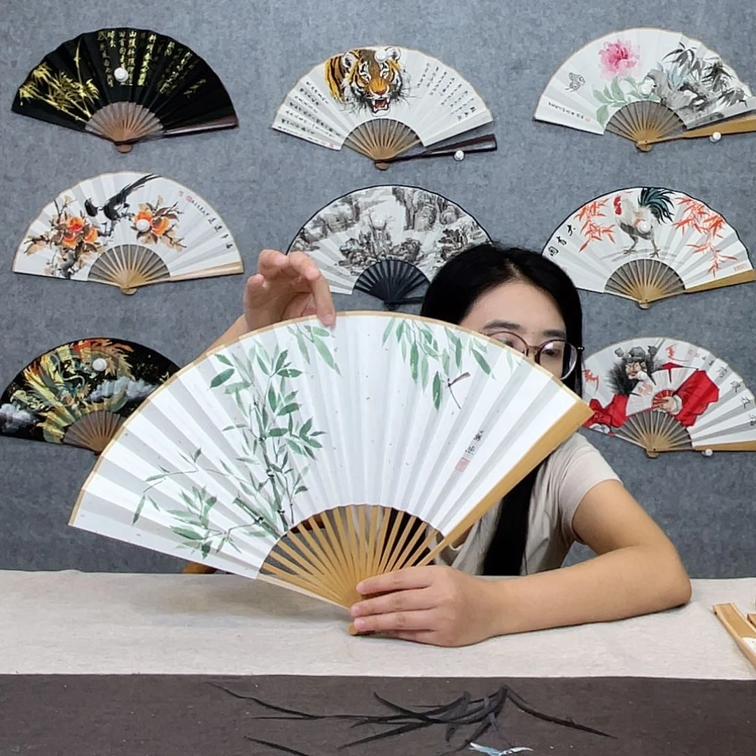 国画95寸水磨玉竹纯手绘-文玩扇骨（默认粘好）