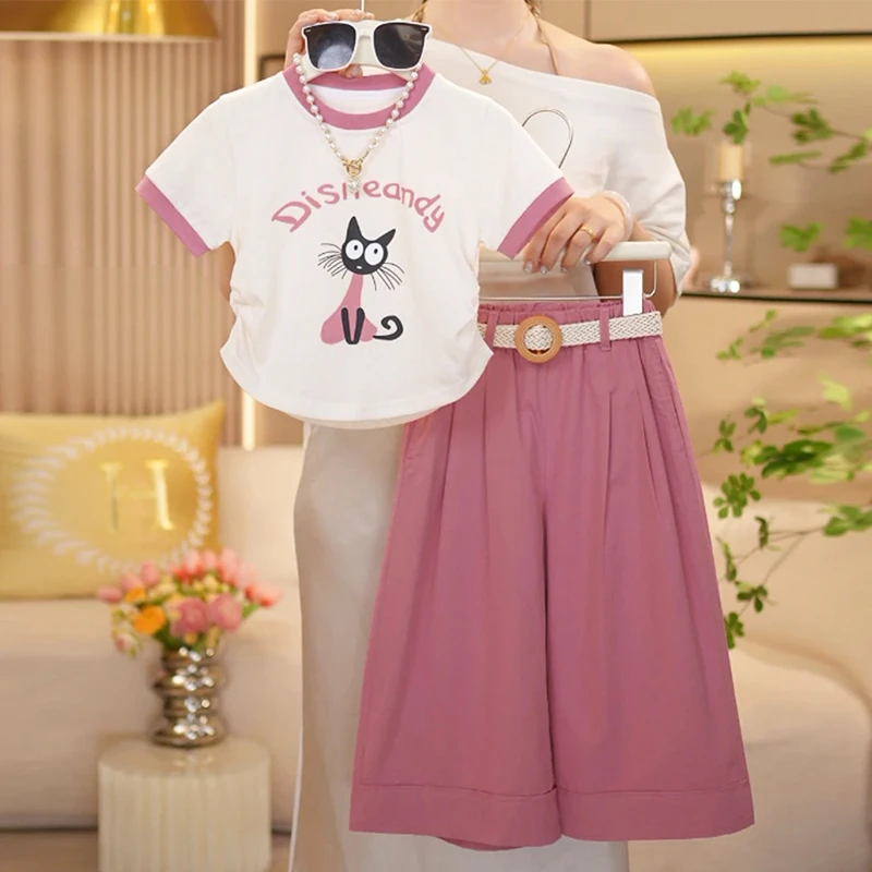 女童阔腿裤套装夏季2025新款儿童洋气时髦夏装女孩卡通T恤两件套