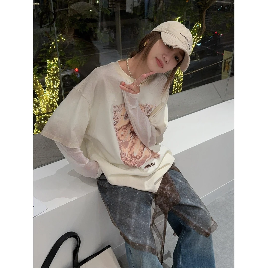 AVVENN2025春印花宽松长袖T恤女1290dopdop买手店