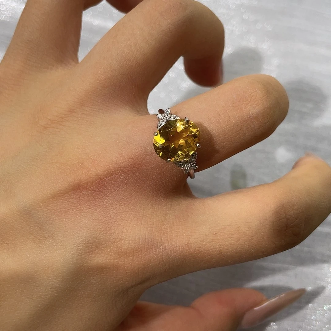 黄晶戒指银S925镶嵌高定蝴蝶款暴力黄