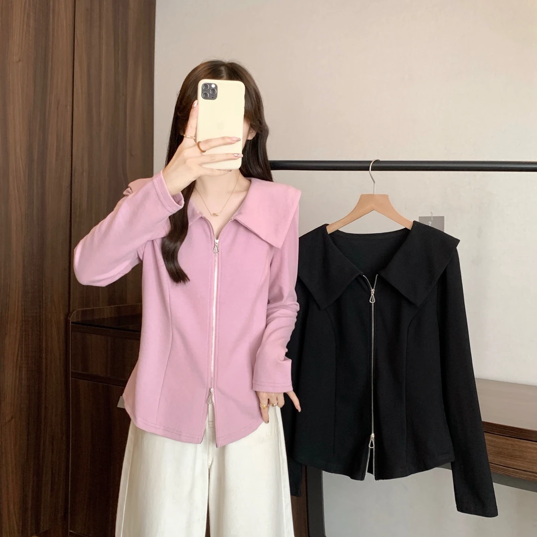 2025秋装新款胖mm大码女双拉链海军蓝长袖衬衫设计感百搭正肩上衣