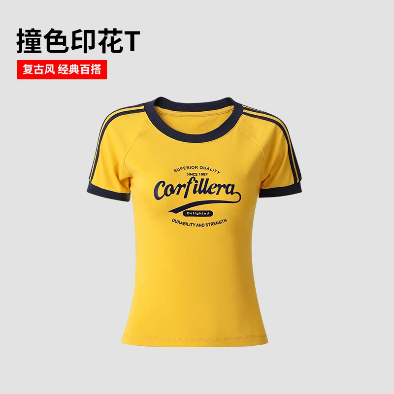 夏季广场舞服装新款撞色短袖印花T恤复古风薄款正肩百搭透气上衣
