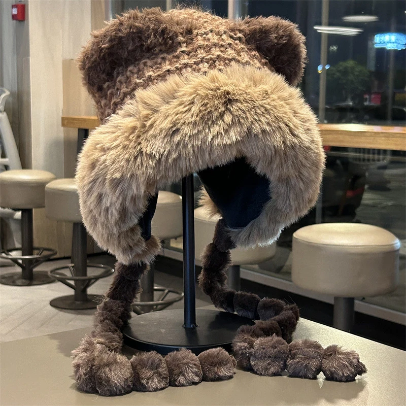 可爱小熊毛绒帽子女冬季加厚保暖显脸小护耳帽甜美百搭防寒显瘦萌