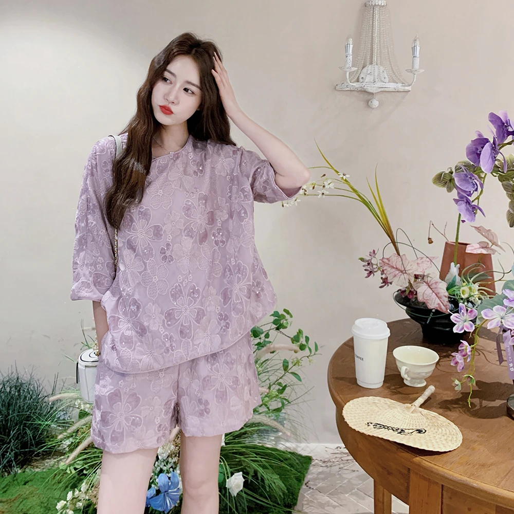 新中式国风套装女夏季高级感刺绣提花斜襟上衣短裤两件套小个子潮