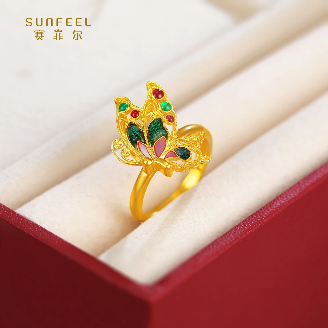 SUNFEEL/赛菲尔【授权店】足金古法金珐琅蝴蝶戒-螺钿系列HJ010308