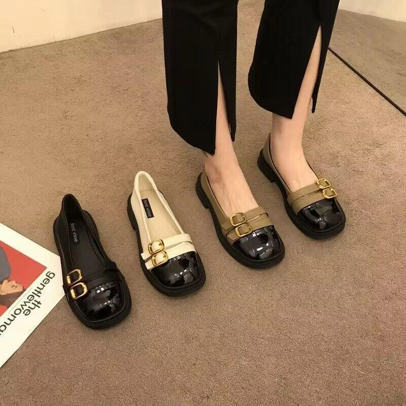 UHCK春秋浅口玛丽珍女鞋2025新款夏季黑色小皮鞋一脚蹬平底法式单