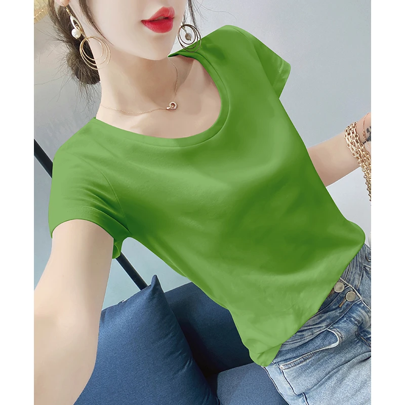 牛油果绿色短袖t恤女修身圆领春夏季2025新款百搭正肩纯棉上衣