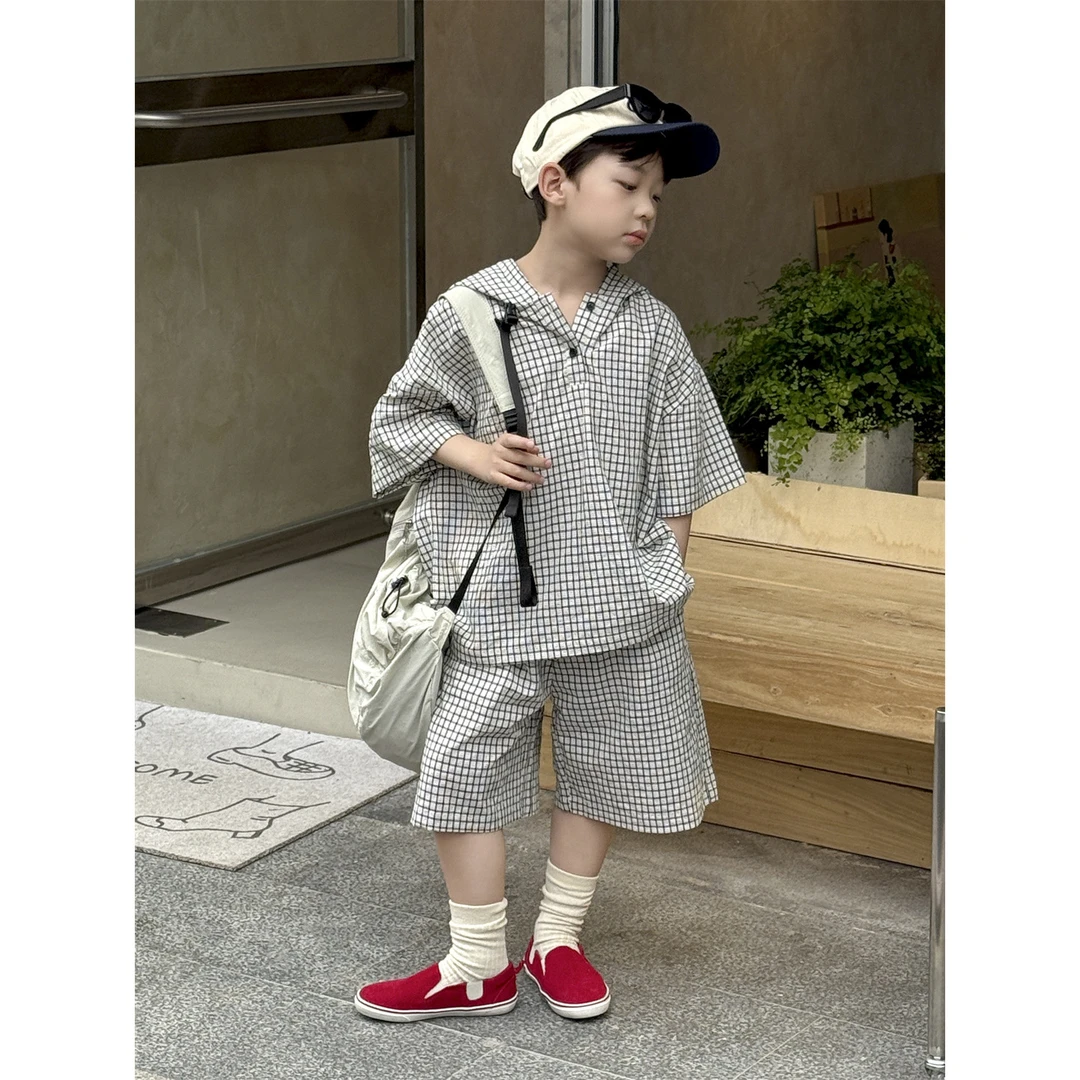 精选-90873-男童格子连帽套装2025夏季纯棉透气休闲运动两件套