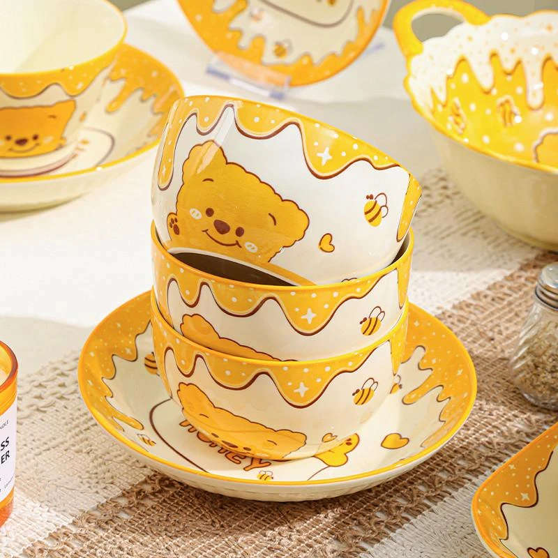 奶油小熊家用饭碗陶瓷釉下彩可爱面碗沙拉碗吃饭碗碗盘餐具