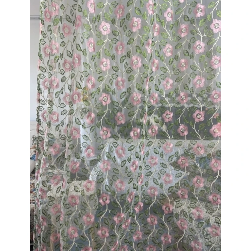 ZN063-295玻璃纱【270*600]粉色栀子花高织高密玻璃砂窗帘