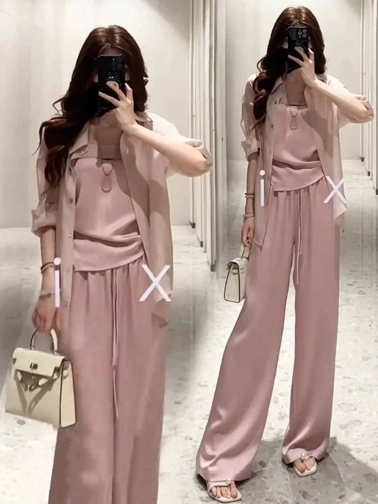 现货【小稳专属】微胖大码遮肉防晒衬衫吊带松紧腰阔腿裤三件套5106