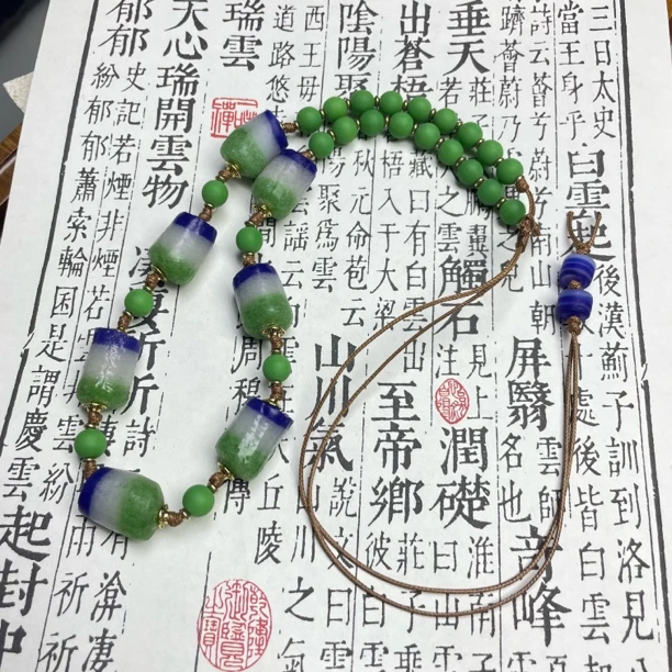 合金项链 LZ7024蓝白绿圆柱棉花糖绿色磨砂绳编琉璃项链