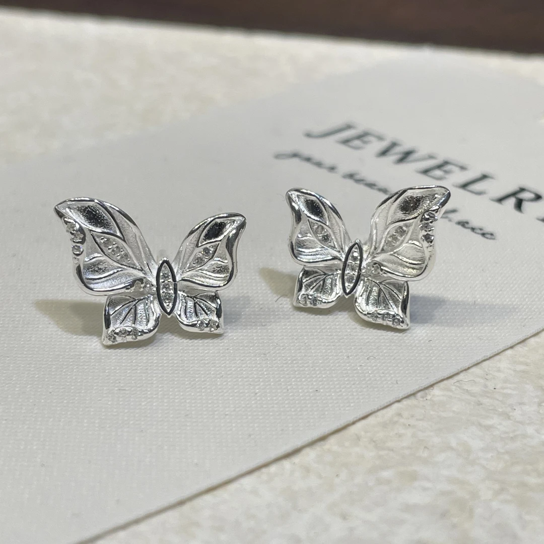 足银耳饰 足银枯叶蝶耳钉 镶嵌简约银色设计感小众轻奢精致气质