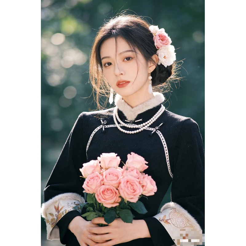 1564 【沉夜】 黑色 缠结扣 美玲襟 双袖 旗袍