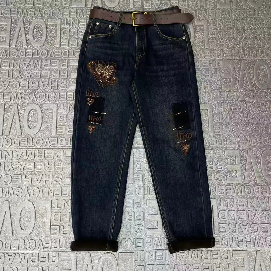 秋冬重工刺绣烫钻加绒显瘦牛仔老爹裤时尚百搭