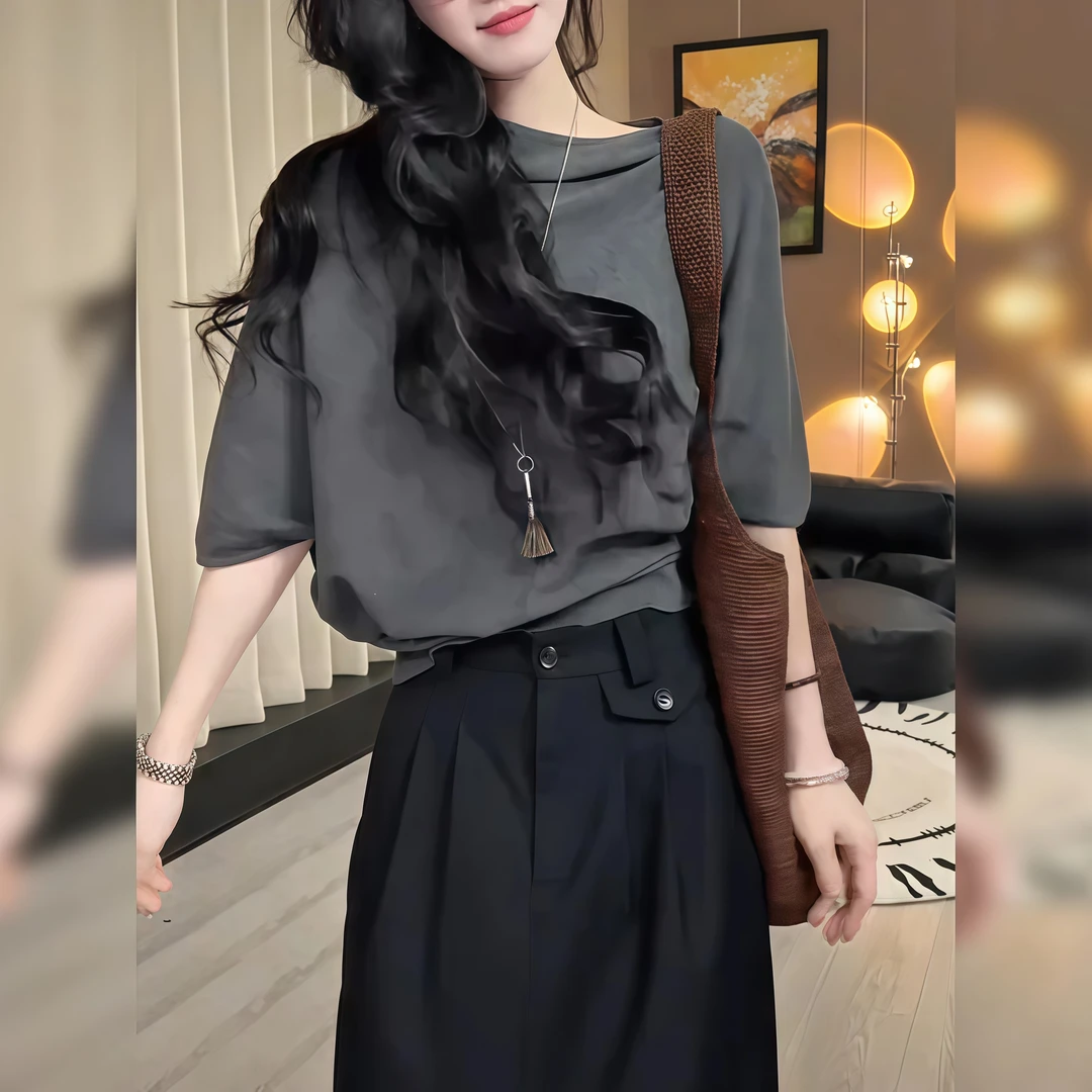 韩系高级感减龄穿搭不规则短袖T恤女夏季新款宽松显瘦针织上衣