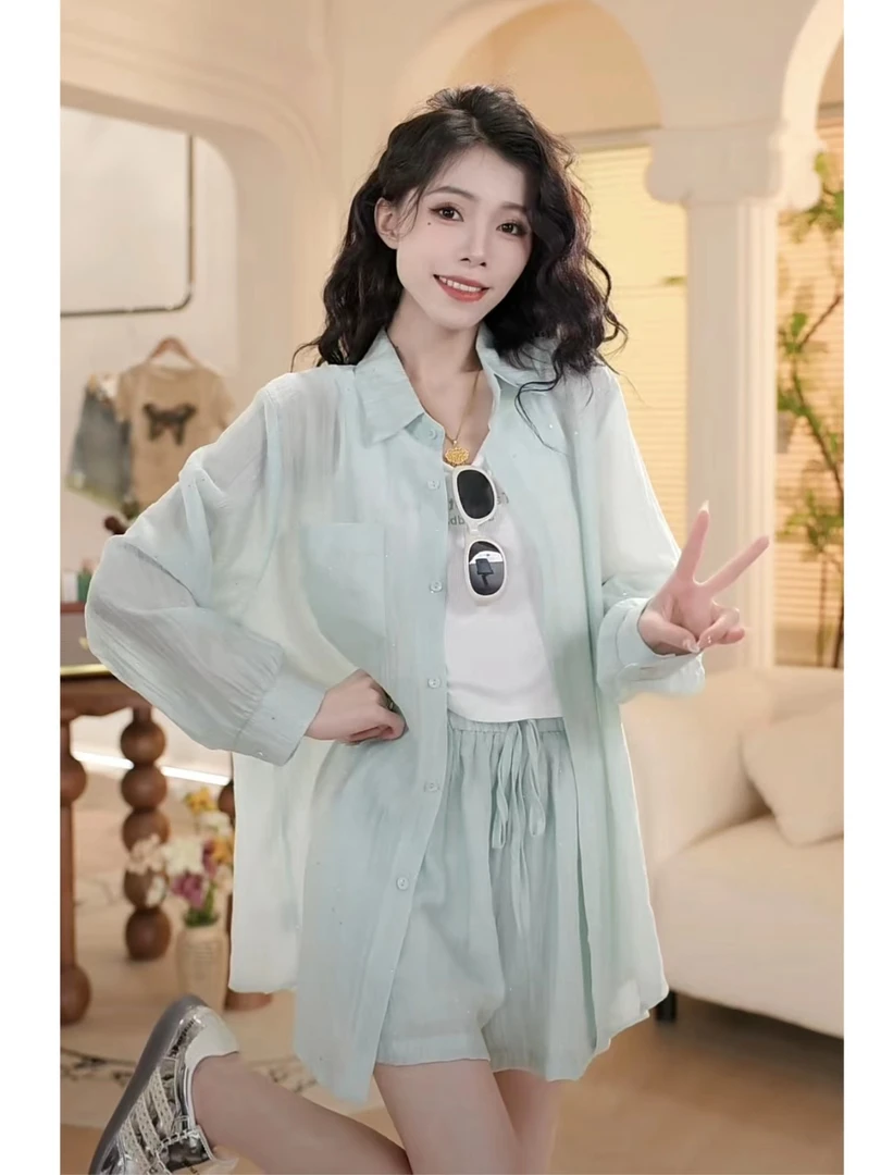 2025春夏薄荷曼波套装亮片防晒背心短裤三件套时尚衬衣女夏8891