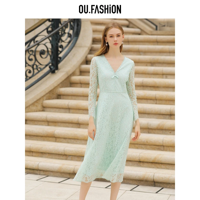 【商场同款】OU.FASHION/欧点领蕾丝连衣裙法式长裙子1122430196