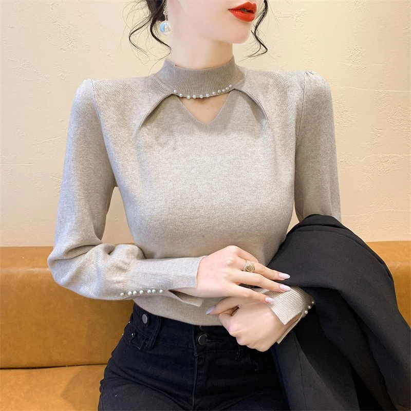 法式钉珠镂空半高领长袖针织衫女秋冬气质显瘦套头毛衣打底衫上衣