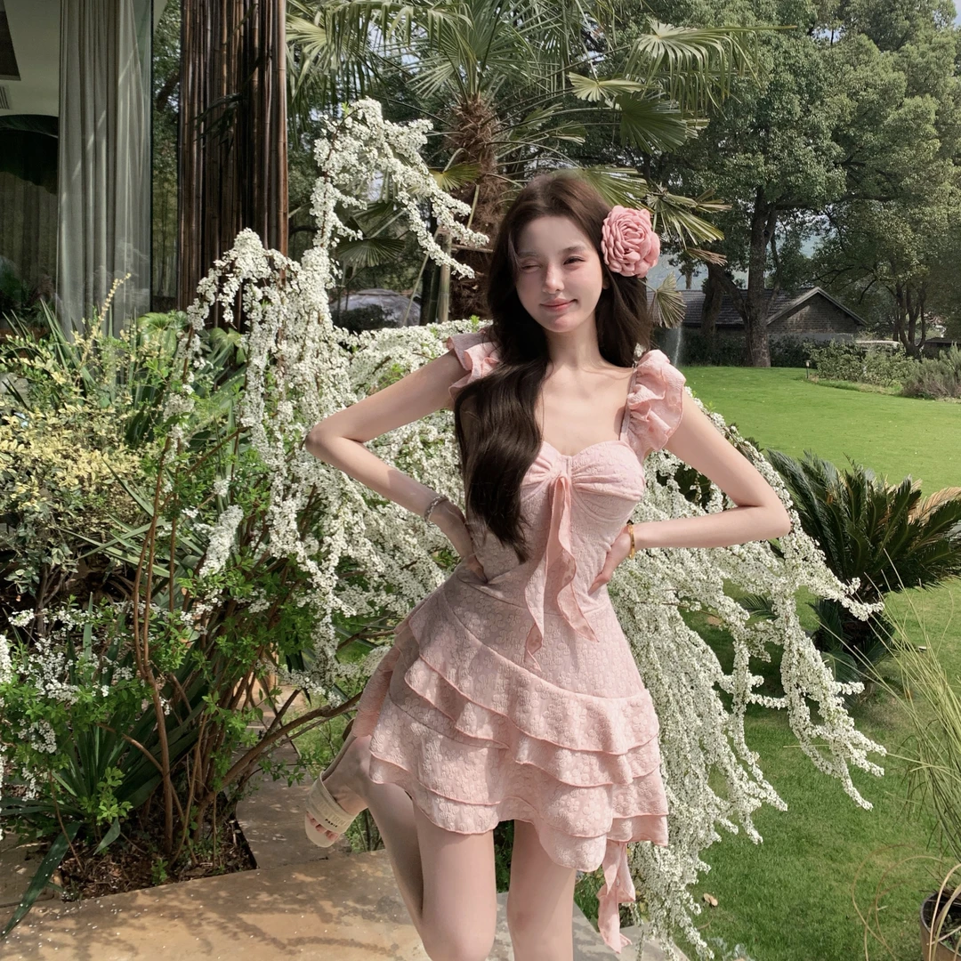 【花仙子】甜美少女纯欲连体泳衣小飞袖显瘦遮肚温泉度假泳衣2522