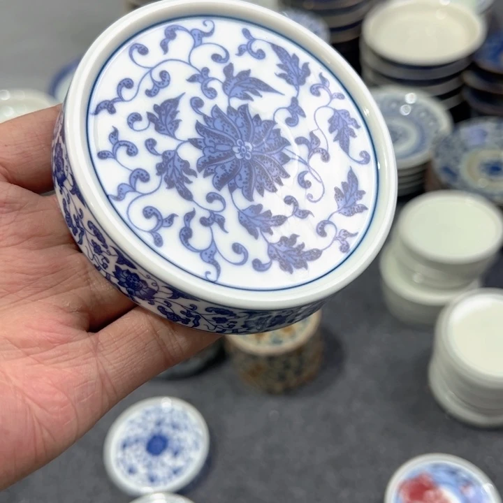 瓷片白青花缠枝莲实心盖置全品