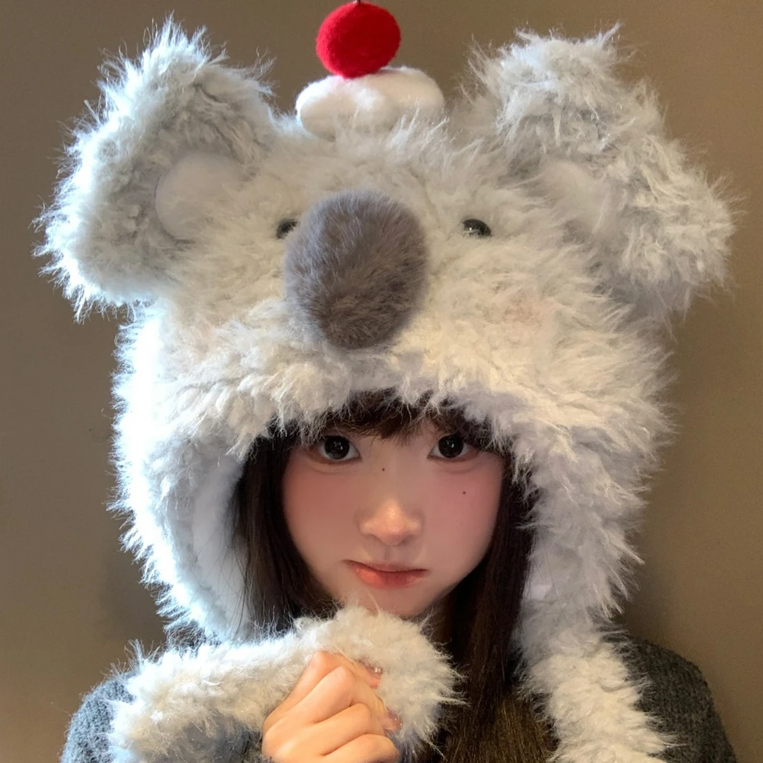 可爱耳朵会动的考拉毛绒帽子女秋冬保暖加绒加厚大头围护耳雷锋帽