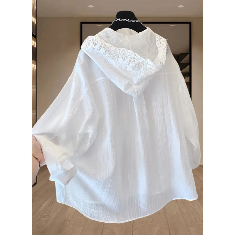 法式时尚白色蕾丝连帽衬衫女2025夏季薄款慵懒风宽松防晒休闲上衣