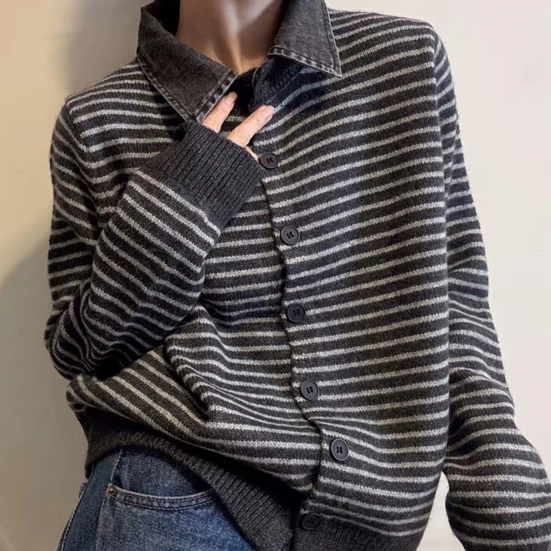 撞色条纹翻领针织开衫女欧洲站2025冬装新款欧货女装短外套潮