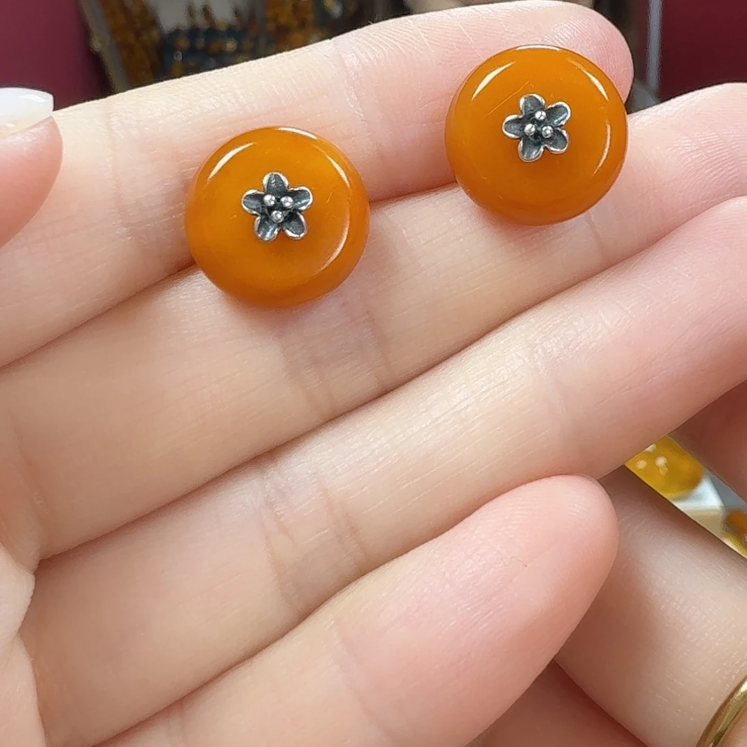 蜜蜡银S925镶嵌耳饰耳钉