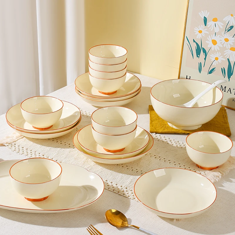 【句途】奶油风茶卡饭碗盘子家用轻奢釉下彩碗盘防烫面碗大汤碗菜盘