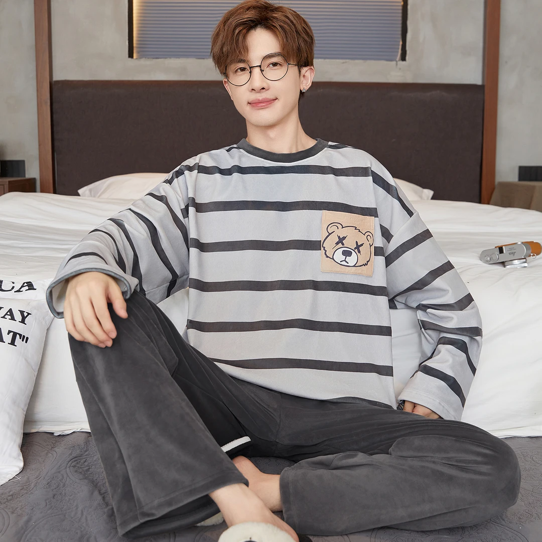 海岛绒睡衣男士珊瑚绒秋冬季加大码青少年冬款薄绒男款家居服套装